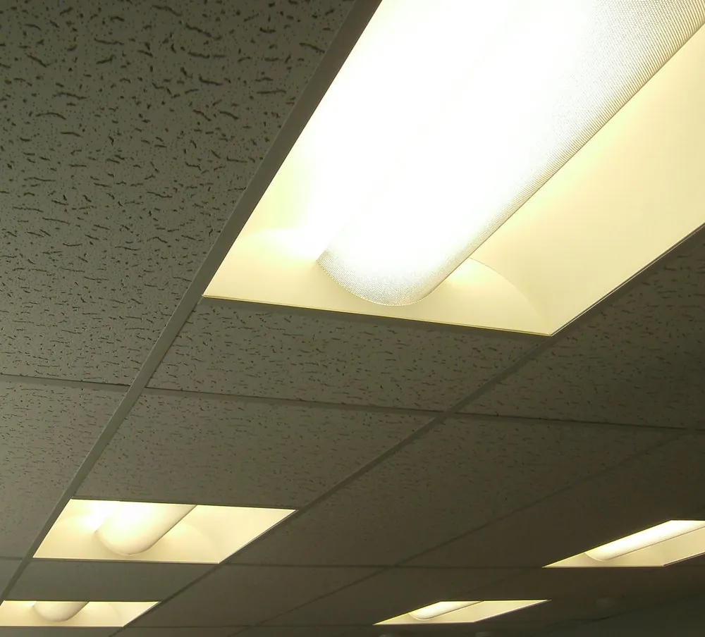 Fluorescent troffer lights in a dropped office ceiling